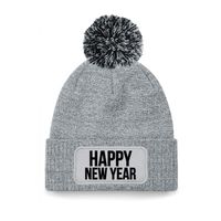 Happy New Year muts met pompon unisex - one size - grijs One size  - - thumbnail