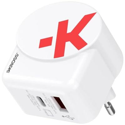 SKROSS - Euro USB-lader AC45PD met USB C-kabel - 2 USB Power Delivery wandlader voor gebruik in Europa - 45 W - USB-C kabel 160 cm inbegrepen - GaN-technologie