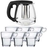 Glazen theepot met filter/infuser van 1,2 liter met 6x stuks theeglazen van 220 ml