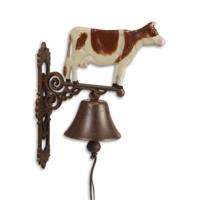 A PAIR OF CAST IRON RED SPOTTED COW BELLS - thumbnail