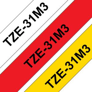 Brother TZe-31M3 Labeltape Set van 3 stuks Tapekleur: Wit, Geel, Rood Tekstkleur: Zwart 12 mm 8 m