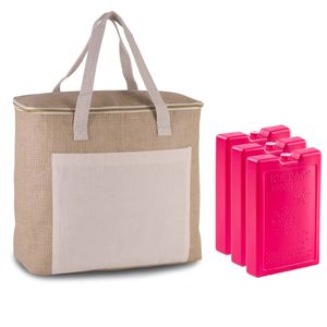 Grote koeltas jute/canvas 20 liter en 38 x 32 x 16 cm met 3x stuks koelelementen roze