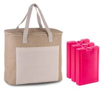 Grote koeltas jute/canvas 20 liter en 38 x 32 x 16 cm met 3x stuks koelelementen roze - thumbnail