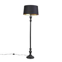 QAZQA - Klassiek | Antiek Vloerlamp met katoenen kap zwart met goud 45 cm - Classico | Woonkamer | Slaapkamer | Keuken - Katoen Langwerpig |Rond - E27 Geschikt voor LED - Max. 1 x 40 Watt
