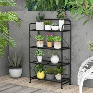 4-Traps Metalen Plantenstandaard Inklapbaar Bloemenrek met Aanpasbare Plank Plantenrek Bloementrap Plantentrap Zwart