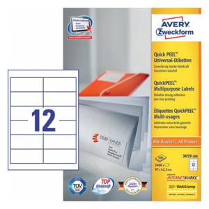 Avery-Zweckform 3659-200 Universele etiketten 97 x 42.3 mm Papier Wit 2640 stuk(s) Permanent hechtend Inkjet, Laser (zwart/wit), Laser (kleur), Kopiëren