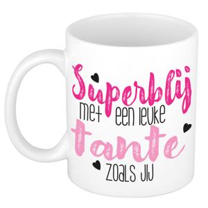 Cadeau koffie/thee mok voor tante - roze - super blij - keramiek - 300 ml