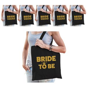 Pakket Vrijgezellenfeest dames tasjes/ goodiebag: 1x Bride to Be zwart goud+ 5x Bride Squad zwart go