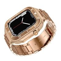 bik Keramiek bezel met siliconen band mod kit voor apple watch series 8 7 45mm, gemodificeerde set stalen cover met band voor iwatch 6 5 4 se 44 mm (kleur: staal-RG, maat: voor iwatch 8 7 45 mm)