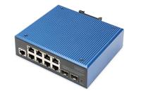 DIGITUS PoE netwerk switch - 10-poorts Gigabit Ethernet - 8x RJ45 + 2x SFP - IP40 - L2 managed - 10/100/1000 Mbit/s - DIN rail montage - industriële serie - zwart/blauw
