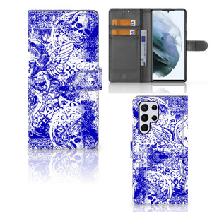 Telefoonhoesje met Naam Samsung Galaxy S22 Ultra Angel Skull Blauw