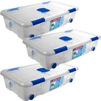 3x Opbergboxen/opbergdozen met deksel en wieltjes 30 liter kunststof transparant/blauw