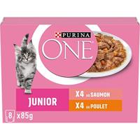 PURINA ONE | JUNIOR | kittens en katten in dracht | taps toelopend in saus | met zalm en kip | helpt bij de ontwikkeling van natuurlijke afweer en vitale functies | versheidszakjes | 8 x 85 g