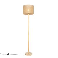 QAZQA - Landelijke vloerlamp hout met linnen kap naturel 32 cm - Mels | Woonkamer | Slaapkamer | Keuken - Hout Rond - E27 Geschikt voor LED - Max. 1 x 40 Watt