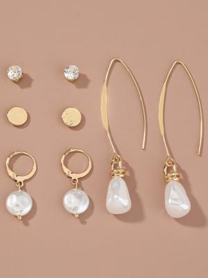 4Pcs Retro Style Gold Pearl and Diamond Earrings Set Everyday Versatile Jewelry