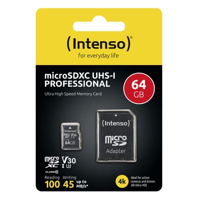 Intenso Professional microSDXC-kaart 64 GB Class 10, UHS-I Incl. SD-adapter