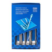 PFERD Werkplaatsvijlset in pvc-roltas met omkarton, 5 vijlen, kruiskop H1, 250 mm, 11801541 – geschikt voor grof verspanen en voor het voorbewerken