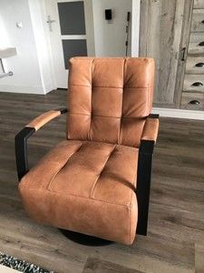 Leren draaifauteuil met stalen frame en schotelvoet - bruin leer - Echt leer, Industrieel, ontdek de vele Leersoorten en Kleuren bij ShopX