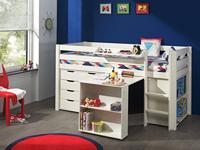 Vipack Pino Hoogslaper, bureau, bibliothisch en commode, 4 laden, wit, massief grenen