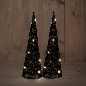 LED kegel kerstboom lampen - 2x - zwart - kunststof - D12,5 x H40 cm - glitter