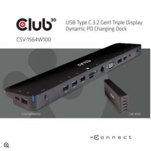 CLUB3D USB 3.2 GEN1 C TRIPLE DISPLAY DYNAMIC 100W PD CHARGING DOCK. THE 5 X USB-A PORTS Docking USB 3.2 Gen 1 (3.1 Gen 1) Type-C Zwart