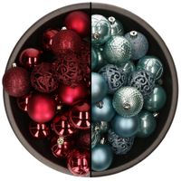 74x stuks kunststof kerstballen mix van donkerrood en ijsblauw 6 cm - thumbnail