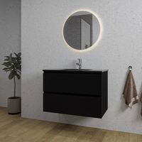 Adema Chaci Badkamermeubelset - 80x46x55cm - 1 keramische wasbak zwart - 1 kraangat - 2 lades - ronde spiegel met verlichting - mat zwart SW718705/SW761655/SW108328