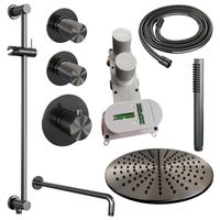 Regendoucheset Inbouw Brauer Gunmetal Carving Thermostatisch 30 cm met Gebogen Wandarm, Glijstang en Handdouche Staaf Losse Stopkranen Geborsteld