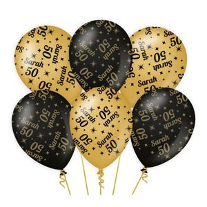 6x stuks luxe Sarah/50 jaar feest ballonnen - goud/zwart - latex - ca 30 cm   -