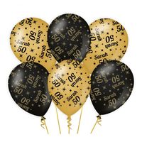 6x stuks luxe Sarah/50 jaar feest ballonnen - goud/zwart - latex - ca 30 cm   - - thumbnail