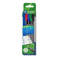 STAEDTLER Driehoekige fineliner triplus, gemaakt van gerecycled kunststof, superfijne, metalen omhulde 0,3 mm punt, lange levensduur, 4 fineliner in gesorteerde kleuren in kartonnen etui, 334 RC4