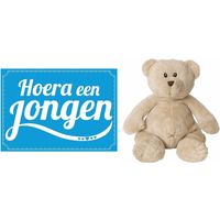 Kraamcadeau beren knuffel 17 cm met Hoera een jongen wenskaart /ansichtkaart - thumbnail