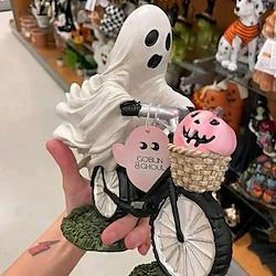 spookfietsrijder met roze pompoen halloween decor, spook rijden op een fiets en roze pompoenstandbeeld, schattige spookrijdende beeldjes, grappig spookbeeldje thuis tafelbladdecoraties Lightinthebox