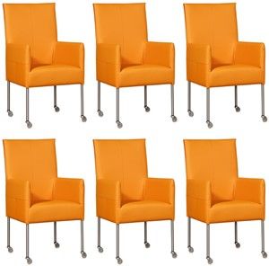 Set van 6 Oranje leren moderne eetkamerstoelen Spark - poot rond rvs met wiel - Toledo Leer Mandarin (oranje leer)