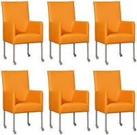 Set van 6 Oranje leren moderne eetkamerstoelen Spark - poot rond rvs met wiel - Toledo Leer Mandarin (oranje leer) - thumbnail