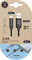 USB-kabel 2.4 tech one tech gevlochten nylon type USB Apple Micro USB lengte 1 m zwart