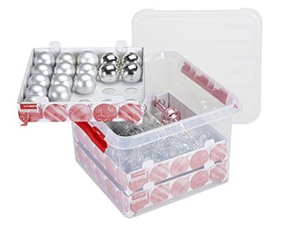 Sunware Q-Line Kerstbox met bakjes voor 75 kerstballen, transparant, rood, eenheidsmaat