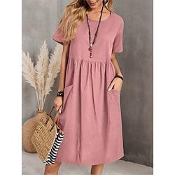 Dames Katoenen zomerjurk Halflange jurk Katoen Zak Casual Dagelijks Strakke ronde hals Korte mouw Zomer Lente Blozend Roze Marineblauw Effen Lightinthebox