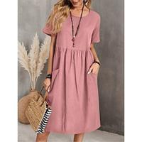 Dames Katoenen zomerjurk Halflange jurk Katoen Zak Casual Dagelijks Strakke ronde hals Korte mouw Zomer Lente Blozend Roze Marineblauw Effen Lightinthebox - thumbnail