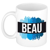 Naam cadeau mok / beker Beau met blauwe verfstrepen 300 ml