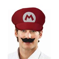 Loodgieter Mario verkleed set - pet en snor - rood - gamer verkleed accessoires - thumbnail