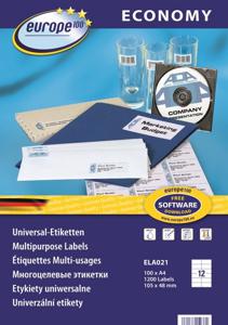 Europe 100 ELA021 Universele etiketten 105 x 48 mm Papier Wit 1200 stuk(s) Permanent hechtend Inkjet, Laser (zwart/wit), Laser (kleur), Kopiëren (zwart/wit),