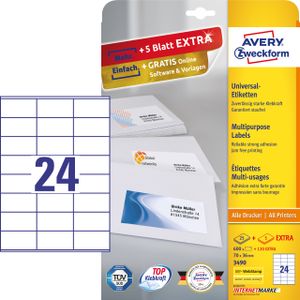 Avery-Zweckform 3490 Universele etiketten 70 x 36 mm Papier Wit 720 stuk(s) Permanent hechtend Inkjet, Laser (zwart/wit), Laser (kleur), Kopiëren (zwart/wit),