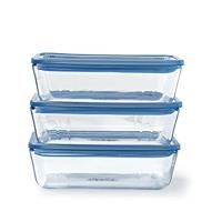 Pyrex Zero Plastic - Set van 3 rechthoekige dozen - 0,8LL - Borosilicaatglas - Glazen deksel - Ovenbestendig - Made in France
