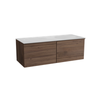 Balmani Forma zwevend badmeubel 135 x 55 cm amerikaans notenhout met Tablo Oval dubbele wastafel in solid surface mat wit, Horizontale symmetrische rechte ribbel