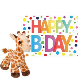 Pluche dieren knuffel giraffe 18 cm met Happy Birthday wenskaart