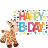 Pluche dieren knuffel giraffe 18 cm met Happy Birthday wenskaart - thumbnail