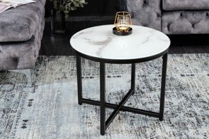 Elegante bijzettafel BOUTIQUE 50cm wit rond kristalglas met marmeren decor zwart frame - 42165