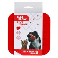 Eat Slow Live Longer Duo likmat - 15 x 15 cm - vierkant - snuffelmat - anti-snuffelmat - slowfeeder - 100% siliconen - vaatwasmachinebestendig - maat S - rood