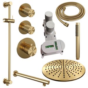 Regendoucheset Inbouw Brauer Gold Carving Thermostatisch 30 cm met Wandarm, Glijstang en Handdouche Staaf Losse Stopkranen Geborsteld Goud Brauer